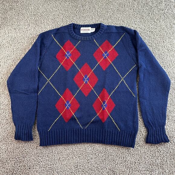 VINTAGE 80s McGregor Sweater Mens Large Blue Red Wool Blend Argyle Pullover * - Picture 1 of 11